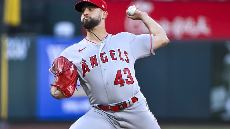 May 2, 2023; St. Louis, Missouri, USA; Los Angeles Angels starting pitcher Patrick Sandoval (43) pitches against the St. Louis Cardinals during the first inning at Busch Stadium. Mandatory Credit: Jeff Curry-USA TODAY Sports
