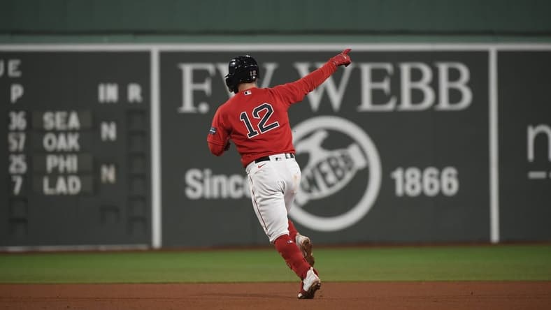 May 2, 2023; Boston, Massachusetts, USA;  Boston Red Sox catcher Connor Wong (12) reacts rounding the bases after hitting a home run during the eighth inning against the Toronto Blue Jays at Fenway Park. Mandatory Credit: Bob DeChiara-USA TODAY Sports