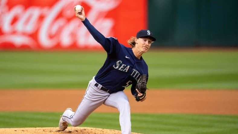 May 2, 2023; Oakland, California, USA; Seattle Mariners starting pitcher Bryce Miller (50) delivers a pitch against the Oakland Athletics during the first inning at RingCentral Coliseum. Mandatory Credit: Neville E. Guard-USA TODAY Sports