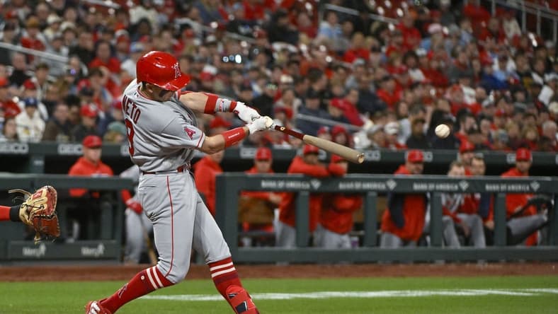 May 2, 2023; St. Louis, Missouri, USA;  Los Angeles Angels shortstop Zach Neto (9) hits a one run single against the St. Louis Cardinals during the sixth inning at Busch Stadium. Mandatory Credit: Jeff Curry-USA TODAY Sports