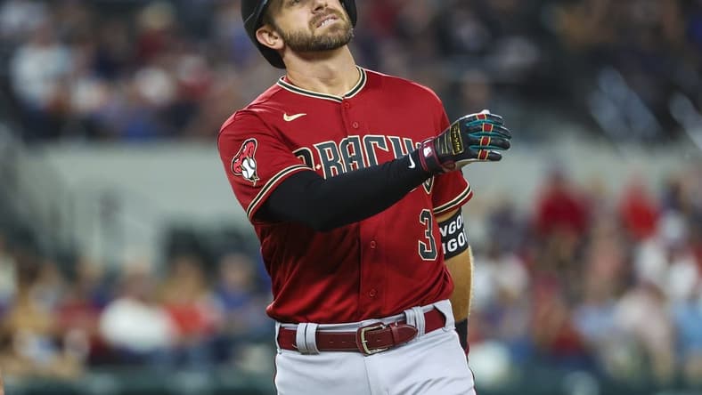 May 2, 2023; Arlington, Texas, USA; TArizona Diamondbacks third baseman Evan Longoria (3) reacts after flying out during the ninth inning against the Texas Rangers at Globe Life Field. Mandatory Credit: Kevin Jairaj-USA TODAY Sports