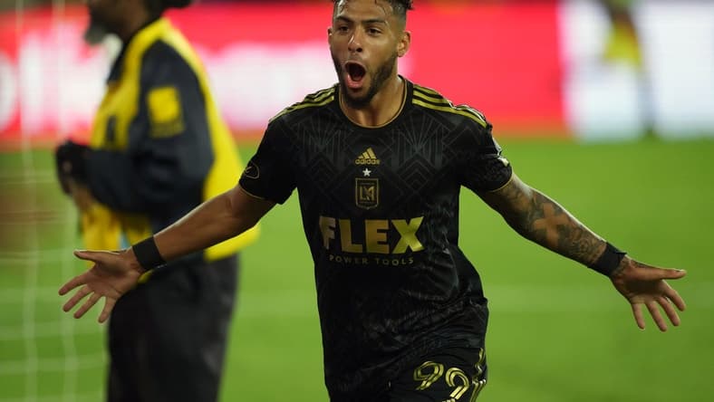 May 2, 2023; Los Angeles, CA, USA; LAFC forward Denis Bouanga (99) celebrates after scoring a goal against the Philadelphia Union in the second half at BMO Stadium. Mandatory Credit: Kirby Lee-USA TODAY Sports