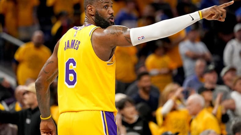 May 2, 2023; San Francisco, California, USA; Los Angeles Lakers forward LeBron James (6) directs teammates before an inbounds pass against the Golden State Warriors in the fourth quarter during game one of the 2023 NBA playoffs at the Chase Center. Mandatory Credit: Cary Edmondson-USA TODAY Sports