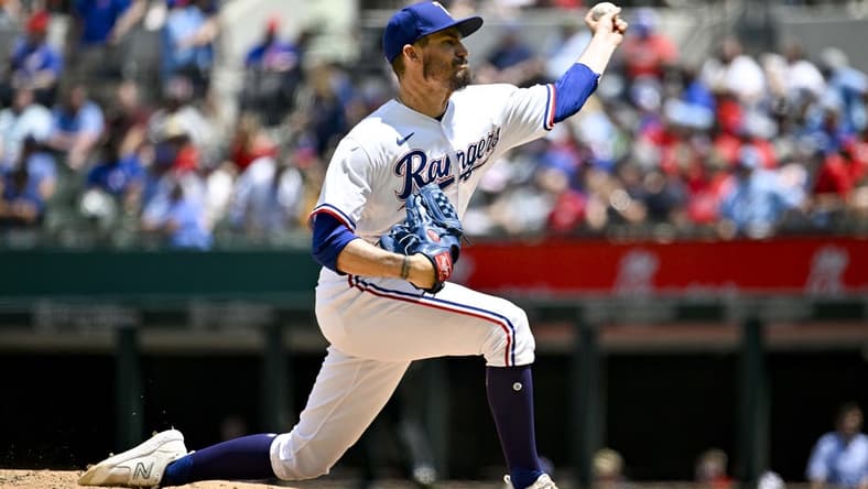 May 3, 2023; Arlington, Texas, USA; Texas Rangers starting pitcher Andrew Heaney (44) pitches against the Arizona Diamondbacks during the third inning at Globe Life Field. Mandatory Credit: Jerome Miron-USA TODAY Sports