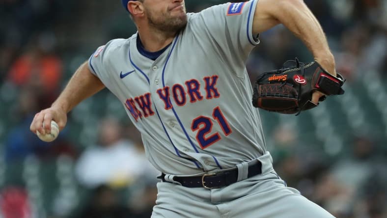 New York Mets starter Max Scherzer (21) pitches against the Detroit Tigers during third-inning action in Game 2 of a doubleheader at Comerica Park in Detroit on Wednesday, May 3, 2023.
Tigersmets2 050323 Kd764