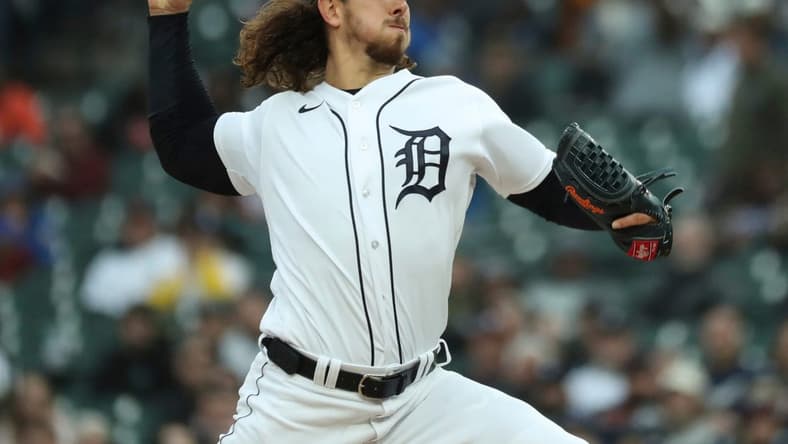 Detroit Tigers starter Michael Lorenzen (21) pitches against the New York Mets during third-inning action in Game 2 of a doubleheader at Comerica Park in Detroit on Wednesday, May 3, 2023.
Tigersmets2 050323 Kd760