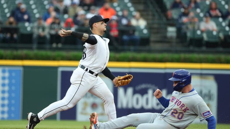Detroit Tigers shortstop Javier Baez (28) forces out New York Mets first baseman Pete Alonso (20) during second-inning action in Game 2 of a doubleheader at Comerica Park in Detroit on Wednesday, May 3, 2023.

Tigersmets2 050323 Kd755