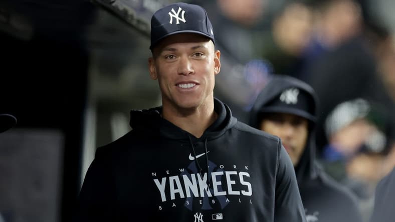 May 3, 2023; Bronx, New York, USA; New York Yankees injured outfielder Aaron Judge (99) in the dugout during the seventh inning against the Cleveland Guardians at Yankee Stadium. Mandatory Credit: Brad Penner-USA TODAY Sports