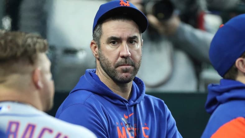 Mets pitcher Justin Verlander looks on in the dugout during the Tigers' 8-1 win over the Mets in Game 2 of the doubleheader on Wednesday, May 3, 2023, at Comerica Park.

Tigersmets2 050323 Kd2303