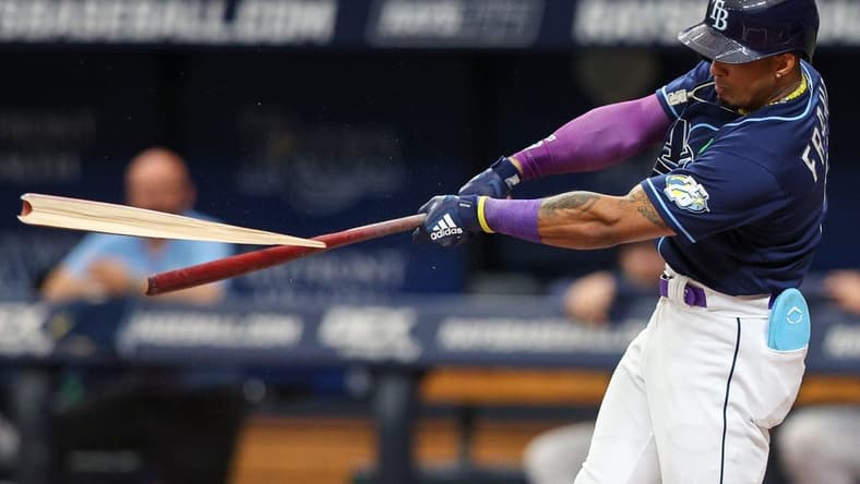 May 4, 2023; St. Petersburg, Florida, USA;  Tampa Bay Rays shortstop Wander Franco (5) breaks his bat against the Pittsburgh Pirates in the first inning at Tropicana Field. Mandatory Credit: Nathan Ray Seebeck-USA TODAY Sports
