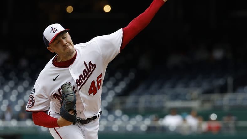 May 4, 2023; Washington, District of Columbia, USA; Washington Nationals starting pitcher Patrick Corbin (46) pitches against the Chicago Cubs during the first inning at Nationals Park. Mandatory Credit: Geoff Burke-USA TODAY Sports