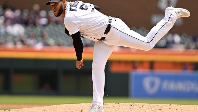 May 4, 2023; Detroit, Michigan, USA; Detroit Tigers starting pitcher Eduardo Rodriguez (57) throws a pitch against the New York Mets in the second inning at Comerica Park. Mandatory Credit: Lon Horwedel-USA TODAY Sports