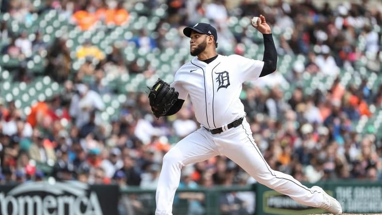 Tigers pitcher Eduardo Rodriguez delivers a pitch against the Mets during the third inning at Comerica Park on Thursday, May 4, 2023.