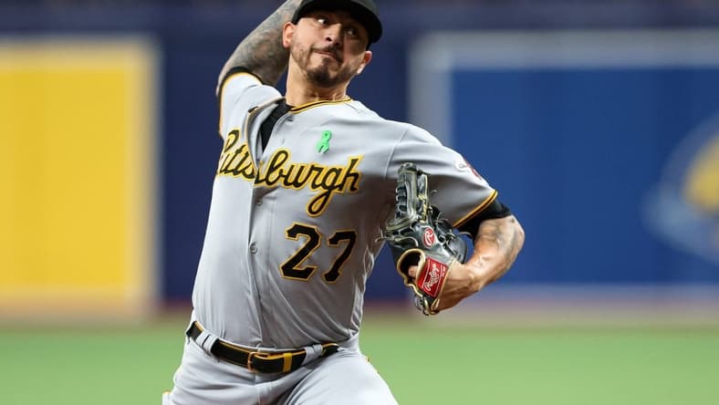 May 4, 2023; St. Petersburg, Florida, USA;  Pittsburgh Pirates starting pitcher Vince Velasquez (27) throws a pitch  against the Tampa Bay Rays in the second inning at Tropicana Field. Mandatory Credit: Nathan Ray Seebeck-USA TODAY Sports