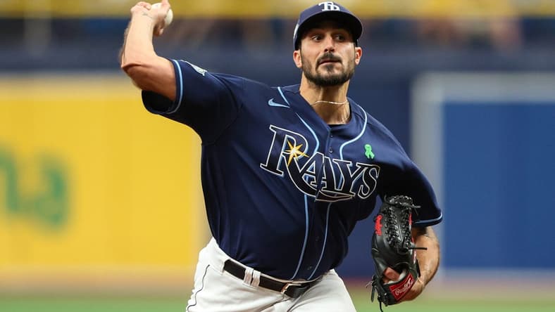 May 4, 2023; St. Petersburg, Florida, USA; Tampa Bay Rays starting pitcher Zach Eflin (24) throws a pitch against the Pittsburgh Pirates in the second inning at Tropicana Field. Mandatory Credit: Nathan Ray Seebeck-USA TODAY Sports