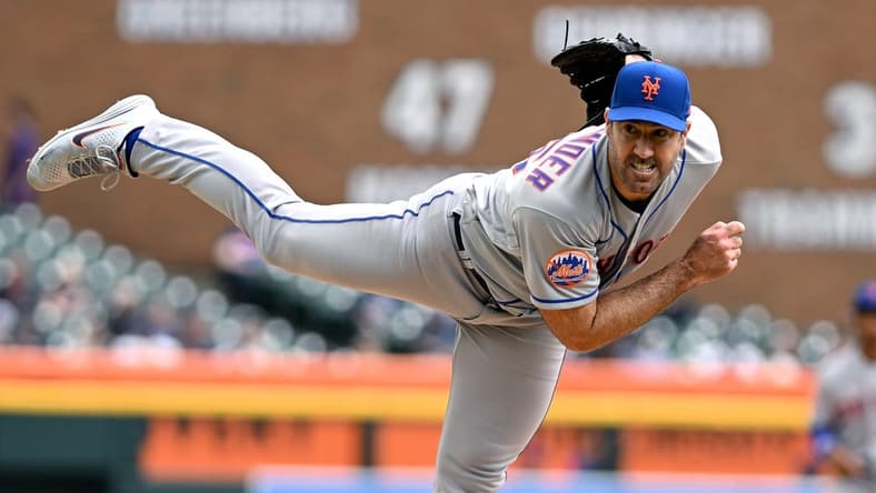 May 4, 2023; New York Mets starting pitcher Justin Verlander (35) throws a pitch against the Detroit Tigers in the fourth inning at Comerica Park. Mandatory Credit: Lon Horwedel-USA TODAY Sports