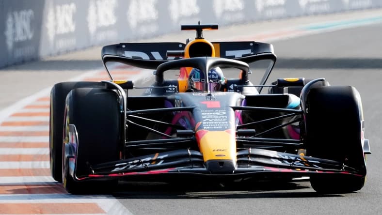 May 5, 2023; Miami Gardens, Florida, USA;  Red Bull driver Max Verstappen (1) of the Netherlands races into turn 11 during the second practice at Miami International Autodrome. Mandatory Credit: Jasen Vinlove-USA TODAY Sports