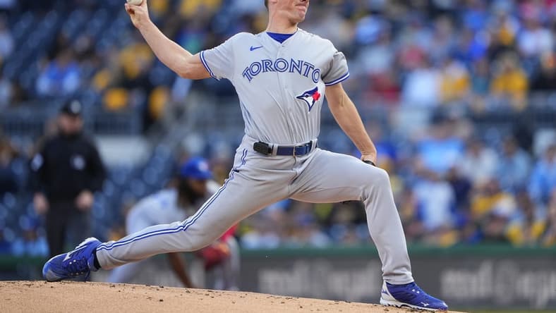 May 5, 2023; Pittsburgh, Pennsylvania, USA;  Toronto Blue Jays pitcher Chris Bassitt (40) delivers a pitch against the Pittsburgh Pirates during the first inning at PNC Park. Mandatory Credit: Gregory Fisher-USA TODAY Sports