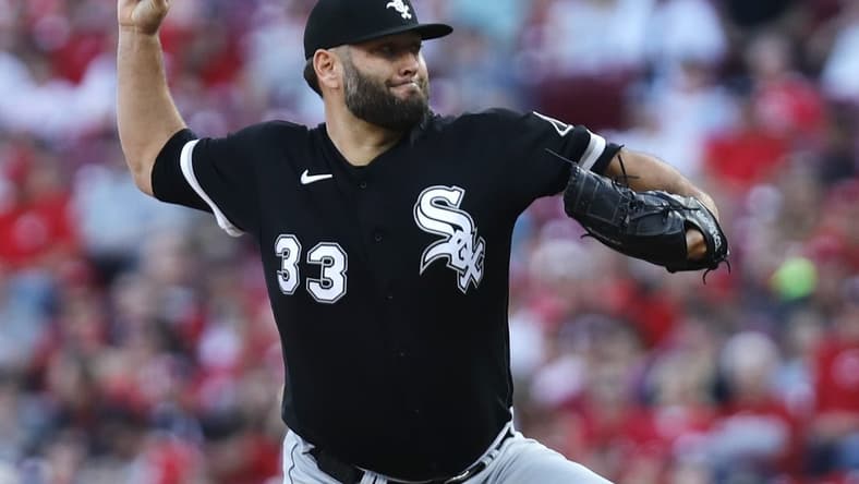 May 5, 2023; Cincinnati, Ohio, USA; Chicago White Sox starting pitcher Lance Lynn (33) throws against the Cincinnati Reds during the first inning at Great American Ball Park. Mandatory Credit: David Kohl-USA TODAY Sports