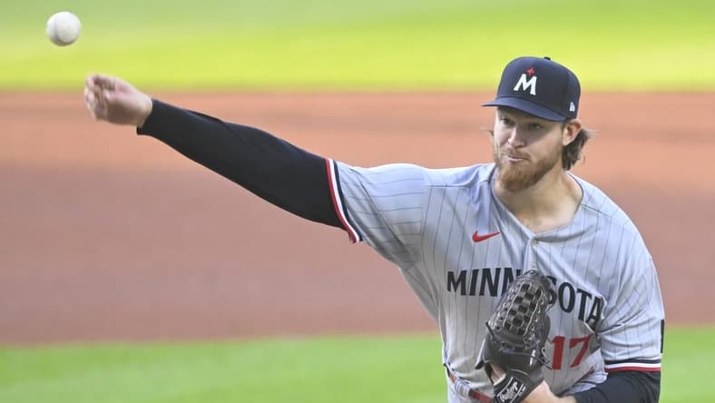 May 5, 2023; Cleveland, Ohio, USA; Minnesota Twins starting pitcher Bailey Ober (17) delivers a pitch in the first inning against the Cleveland Guardians at Progressive Field. Mandatory Credit: David Richard-USA TODAY Sports