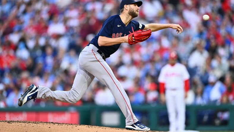 May 5, 2023; Philadelphia, Pennsylvania, USA; Boston Red Sox pitcher Chris Sale (41) throws a pitch against the Philadelphia Phillies in the first inning at Citizens Bank Park. Mandatory Credit: Kyle Ross-USA TODAY Sports
