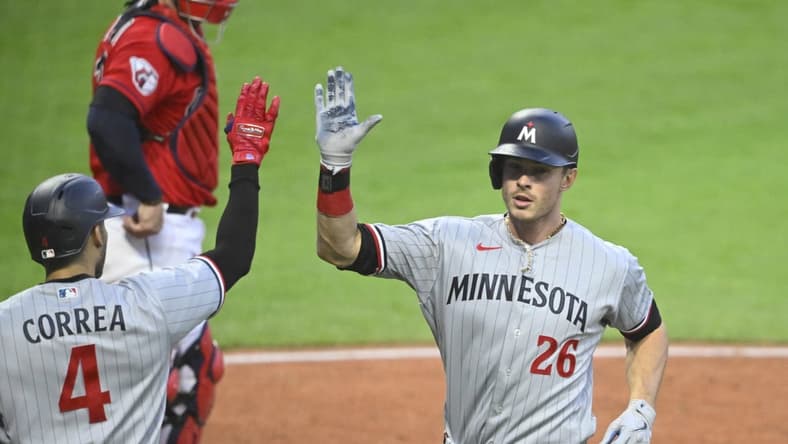 May 5, 2023; Cleveland, Ohio, USA; Minnesota Twins right fielder Max Kepler (26) celebrates his two-run home run in the sixth inning against the Cleveland Guardians at Progressive Field. Mandatory Credit: David Richard-USA TODAY Sports