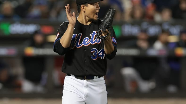 May 5, 2023; New York City, New York, USA; New York Mets starting pitcher Kodai Senga (34) reacts after the final out of the sixth inning against the Colorado Rockies at Citi Field. Mandatory Credit: Vincent Carchietta-USA TODAY Sports