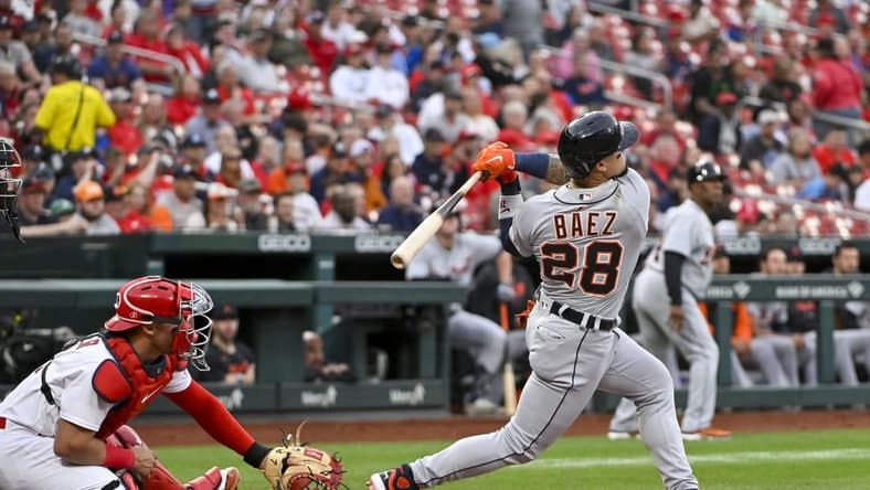 May 5, 2023; St. Louis, Missouri, USA;  Detroit Tigers shortstop Javier Baez (28) hits a two run home run against the St. Louis Cardinals during the first inning at Busch Stadium. Mandatory Credit: Jeff Curry-USA TODAY Sports
