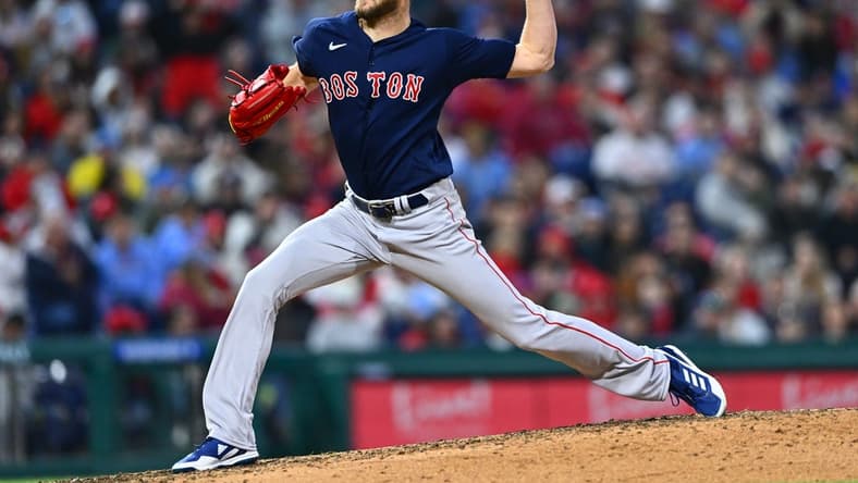 May 5, 2023; Philadelphia, Pennsylvania, USA; Boston Red Sox pitcher Chris Sale (41) throws a pitch against the Philadelphia Phillies in the third inning at Citizens Bank Park. Mandatory Credit: Kyle Ross-USA TODAY Sports