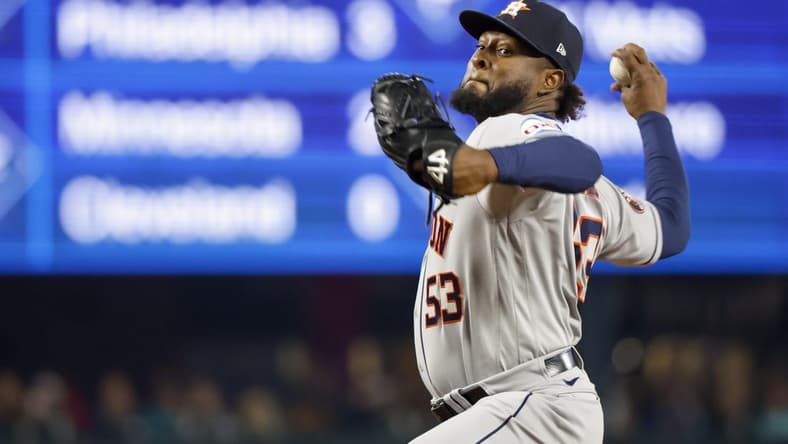 May 5, 2023; Seattle, Washington, USA; Houston Astros starting pitcher Cristian Javier (53) throws against the Seattle Mariners during the first inning at T-Mobile Park. Mandatory Credit: Joe Nicholson-USA TODAY Sports
