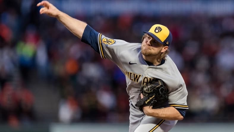 May 5, 2023; San Francisco, California, USA; Milwaukee Brewers starting pitcher Corbin Burnes (39) throws against the San Francisco Giants during the first inning at Oracle Park. Mandatory Credit: John Hefti-USA TODAY Sports