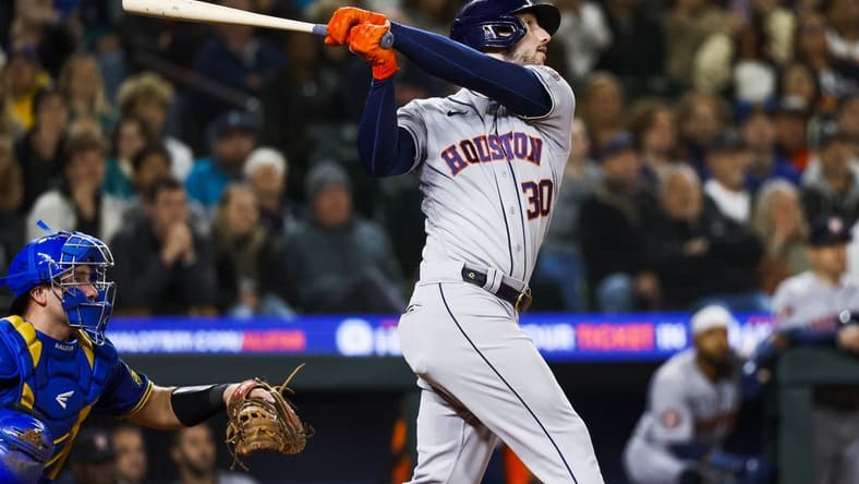 May 5, 2023; Seattle, Washington, USA; Houston Astros right fielder Kyle Tucker (30) hits a two-run home run against the Seattle Mariners during the ninth inning at T-Mobile Park. Mandatory Credit: Joe Nicholson-USA TODAY Sports