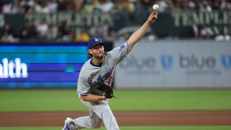 May 5, 2023; San Diego, California, USA; Los Angeles Dodgers starting pitcher Clayton Kershaw (22) throws a pitch during the fourth inning against the San Diego Padres at Petco Park. Mandatory Credit: Kiyoshi Mio-USA TODAY Sports