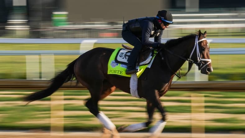 Kentucky Derby contender Forte breezes during a Friday morning workout at Churchill Downs on Oaks Day May 5, 2023, in Louisville, Ky. The horse is trained by Todd Pletcher.