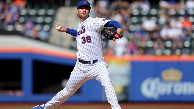 May 6, 2023; New York City, New York, USA; New York Mets starting pitcher Tylor Megill (38) pitches against the Colorado Rockies during the first inning at Citi Field. Mandatory Credit: Brad Penner-USA TODAY Sports