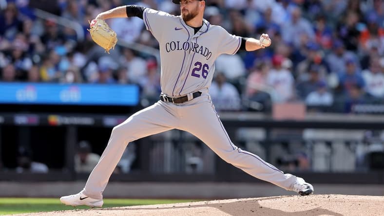 May 6, 2023; New York City, New York, USA; Colorado Rockies starting pitcher Austin Gomber (26) pitches against the New York Mets during the first inning at Citi Field. Mandatory Credit: Brad Penner-USA TODAY Sports