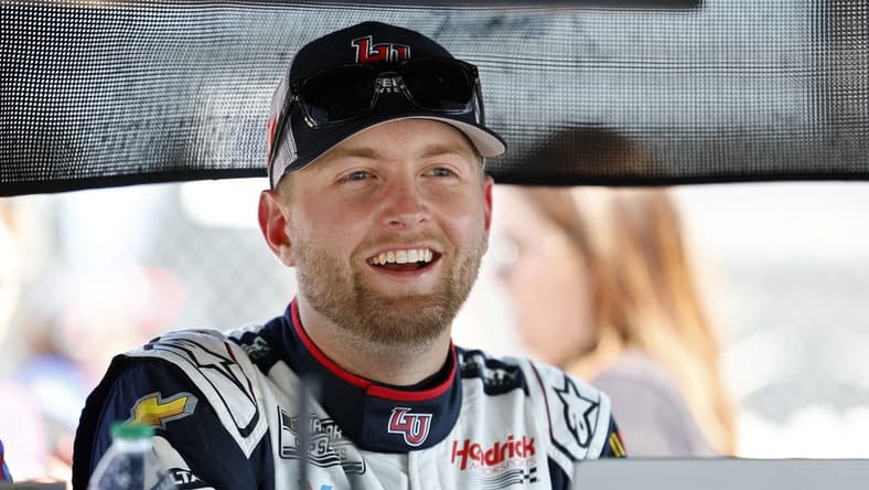 May 6, 2023; Kansas City, Kansas, USA; NASCAR Cup Series driver William Byron (24) during Cup Practice and Qualifying at Kansas Speedway. Mandatory Credit: Mike Dinovo-USA TODAY Sports