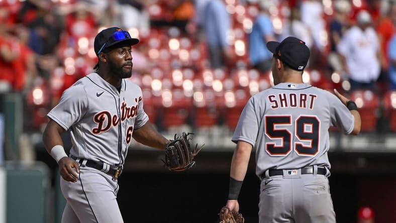 May 6, 2023; St. Louis, Missouri, USA;  Detroit Tigers left fielder Akil Baddoo (60) and shortstop Zack Short (59) celebrate after the Tigers defeated the St. Louis Cardinals in ten innings at Busch Stadium. Mandatory Credit: Jeff Curry-USA TODAY Sports