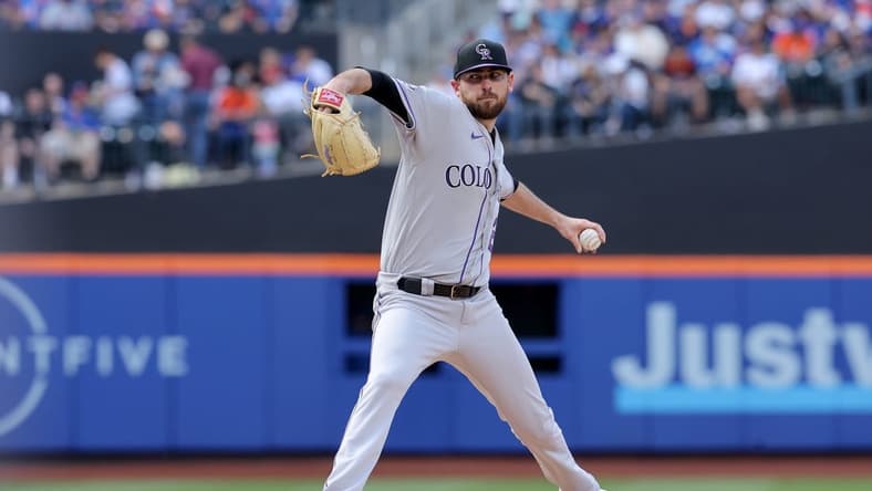 May 6, 2023; New York City, New York, USA; Colorado Rockies starting pitcher Austin Gomber (26) pitches against the New York Mets during the third inning at Citi Field. Mandatory Credit: Brad Penner-USA TODAY Sports