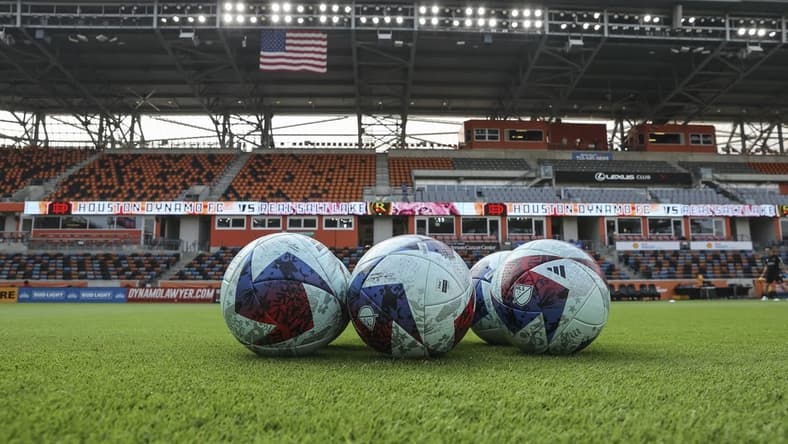May 6, 2023; Houston, Texas, USA; General view of soccer balls on the field before the match between the Houston Dynamo FC and the Real Salt Lake at Shell Energy Stadium. Mandatory Credit: Troy Taormina-USA TODAY Sports