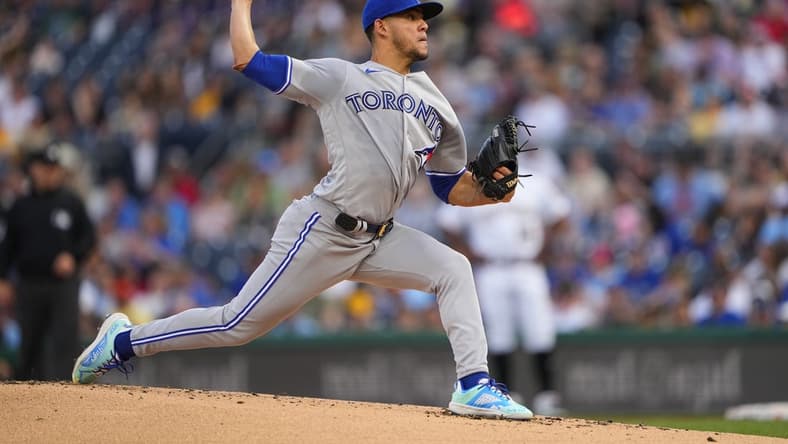 May 6, 2023; Pittsburgh, Pennsylvania, USA; Toronto Blue Jays pitcher Jose Berrios (17) delivers a pitch against the Pittsburgh Pirates during the first inning at PNC Park. Mandatory Credit: Gregory Fisher-USA TODAY Sports