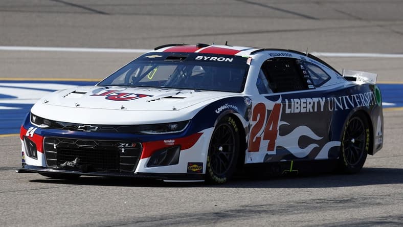 May 6, 2023; Kansas City, Kansas, USA; NASCAR Cup Series driver William Byron (24) during Cup Practice and Qualifying at Kansas Speedway. Mandatory Credit: Mike Dinovo-USA TODAY Sports