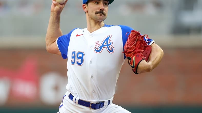 May 6, 2023; Atlanta, Georgia, USA; Atlanta Braves starting pitcher Spencer Strider (99) throws against the Baltimore Orioles in the second inning at Truist Park. Mandatory Credit: Brett Davis-USA TODAY Sports