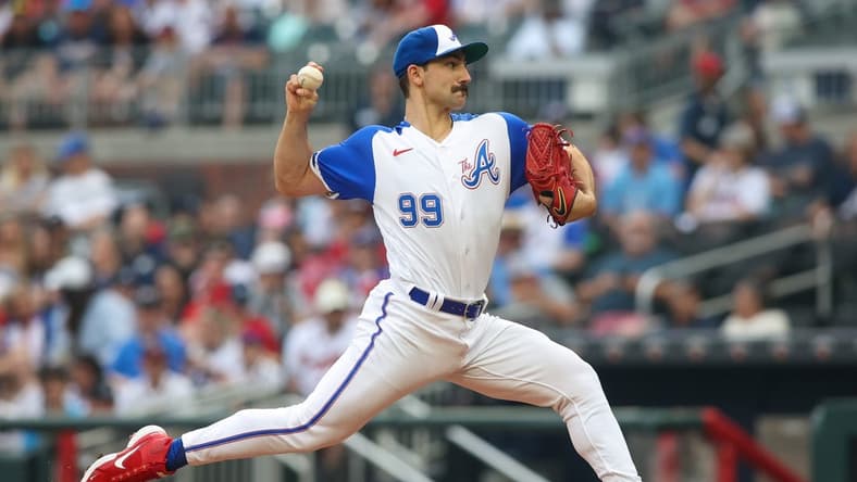 May 6, 2023; Atlanta, Georgia, USA; Atlanta Braves starting pitcher Spencer Strider (99) throws against the Baltimore Orioles in the first inning at Truist Park. Mandatory Credit: Brett Davis-USA TODAY Sports
