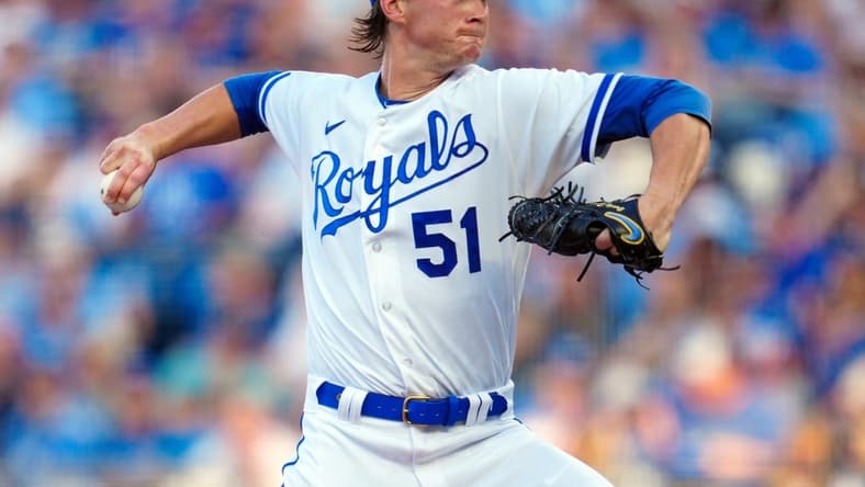 May 6, 2023; Kansas City, Missouri, USA; Kansas City Royals starting pitcher Brady Singer (51) pitches during the second inning against the Oakland Athletics at Kauffman Stadium. Mandatory Credit: Jay Biggerstaff-USA TODAY Sports