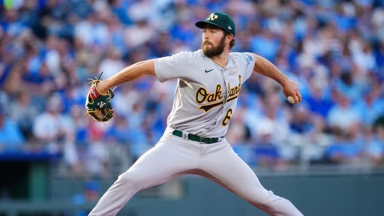 May 6, 2023; Kansas City, Missouri, USA; Oakland Athletics starting pitcher Ken Waldichuk (64) pitches during the second inning against the Kansas City Royals at Kauffman Stadium. Mandatory Credit: Jay Biggerstaff-USA TODAY Sports