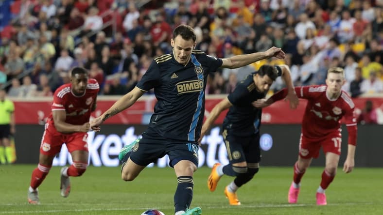 May 6, 2023; Harrison, New Jersey, USA; Philadelphia Union midfielder Deniel Gazdag (10) scores a penalty kick goal during the first half at Red Bull Arena. Mandatory Credit: Vincent Carchietta-USA TODAY Sports