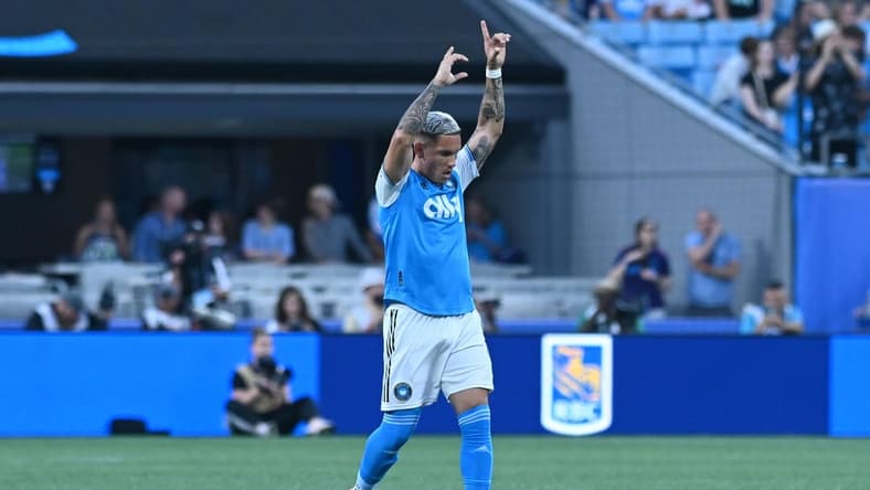 May 6, 2023; Charlotte, North Carolina, USA; Charlotte FC attacker Enzo Copetti (9) celebrates his goal in the first half of the match against New York City FC at Bank of America Stadium. Mandatory Credit: Griffin Zetterberg-USA TODAY Sports