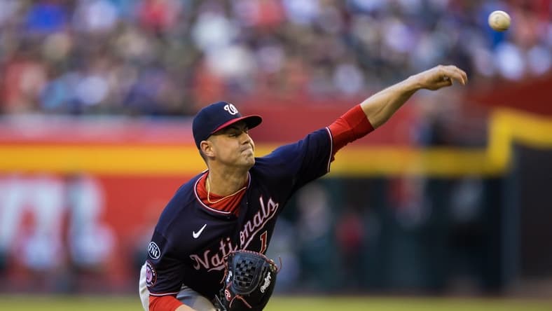 May 6, 2023; Phoenix, Arizona, USA; Washington Nationals pitcher MacKenzie Gore in the third inning against the Arizona Diamondbacks at Chase Field. Mandatory Credit: Mark J. Rebilas-USA TODAY Sports