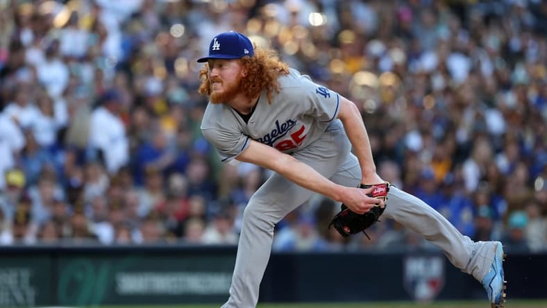 May 6, 2023; San Diego, California, USA; Los Angeles Dodgers starting pitcher Dustin May (85) throws a pitch during the second inning against the San Diego Padres at Petco Park. Mandatory Credit: Kiyoshi Mio-USA TODAY Sports